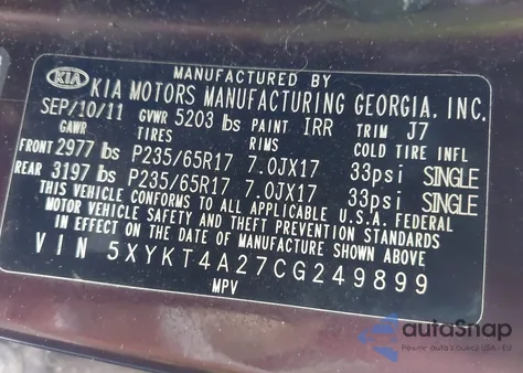 2012 Kia Sorento Lx V6 из США, поврежденный, VIN 5XYKT4A27CG249899